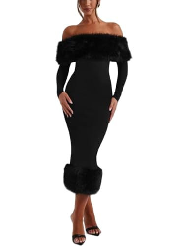 Wirunsy Faux Fur Midi Wedding Dresses for Brides 2025 Off Shoulder Long Sleeve Elegant Bridal Gowns Bodycon Tea Length Black Midi Gown 2 | Amazon (US)