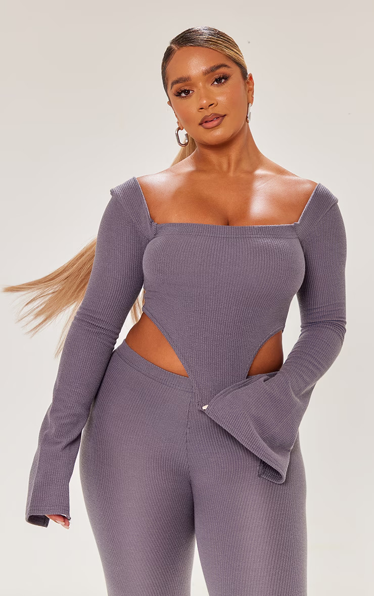 Shape Charcoal Ribbed Bardot Flare Split Sleeve Crop Top | PrettyLittleThing UK