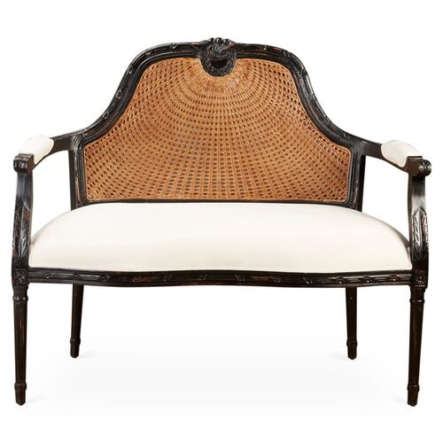 Serena Cane Settee, Black/White Linen | One Kings Lane