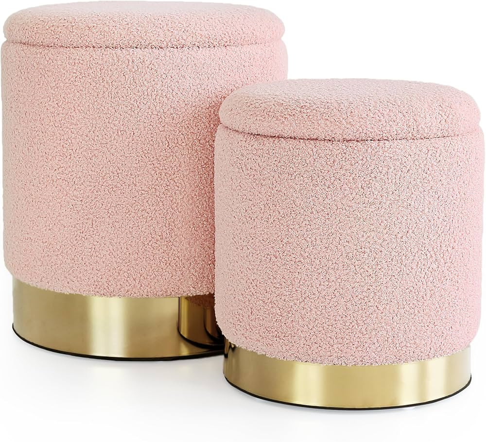 Set of 2 Storage Ottoman, Round Ottoman with Storage,Teddy Fabric Storage Ottoman for Living Room... | Amazon (US)