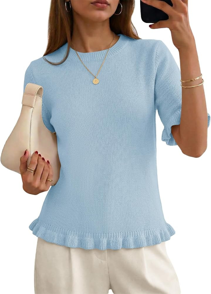 Saodimallsu Womens Short Sleeve Sweater Tops Summer Ruffle Casual Loose Fitting Crew Neck Knit Sh... | Amazon (US)