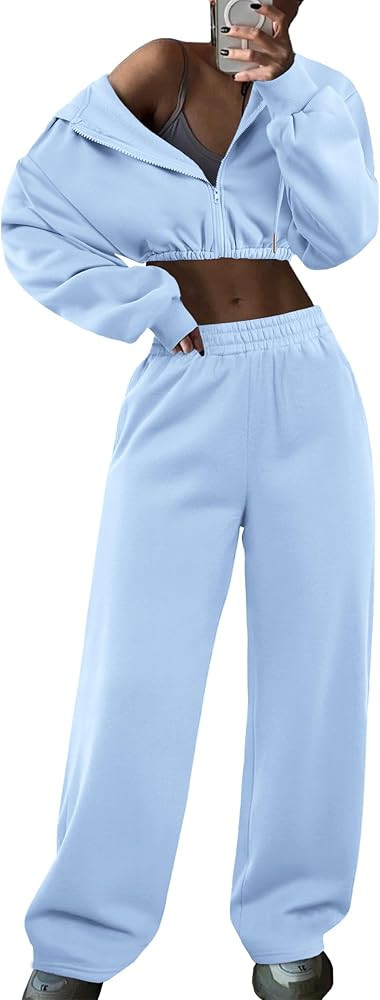 LovelyWholesale Sweatsuits Women 2 Piece Outfit Cropped Zip Up Hoodie and Sweatpants Sets | Amazon (US)