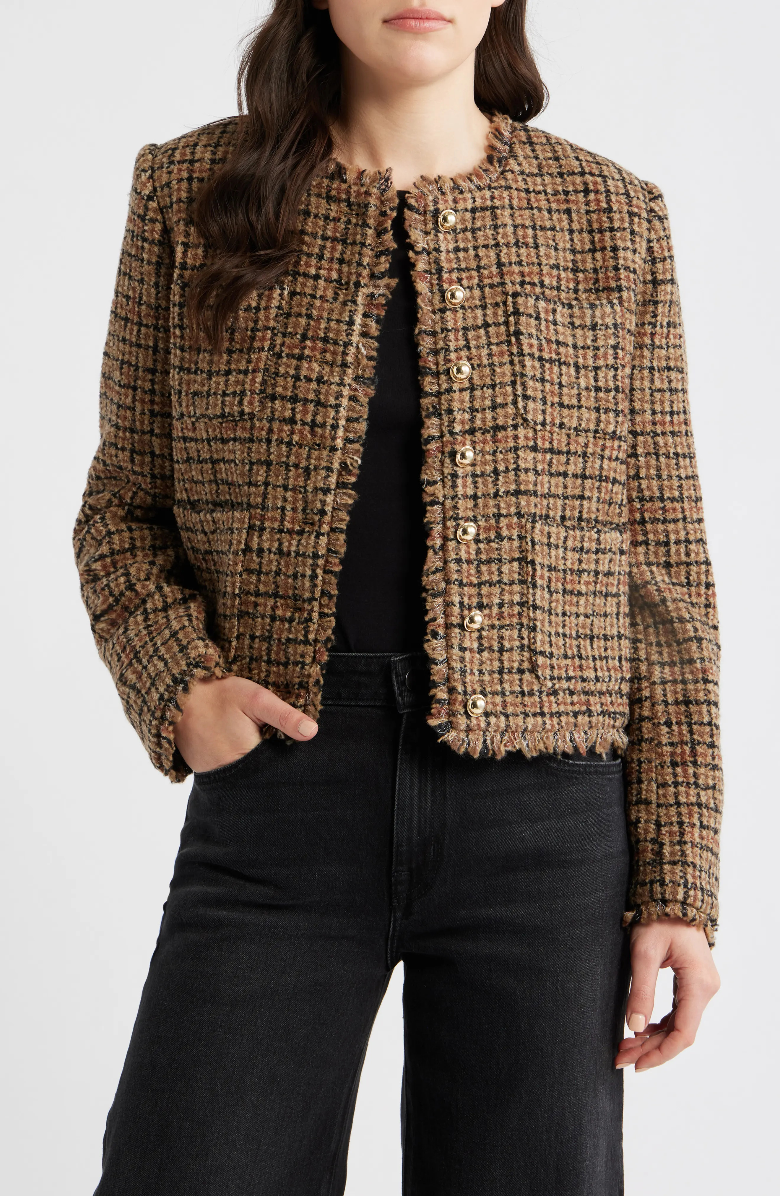 Bernardo Fringe Crop Cotton Tweed Jacket in Gingham Pattern at Nordstrom, Size X-Large | Nordstrom