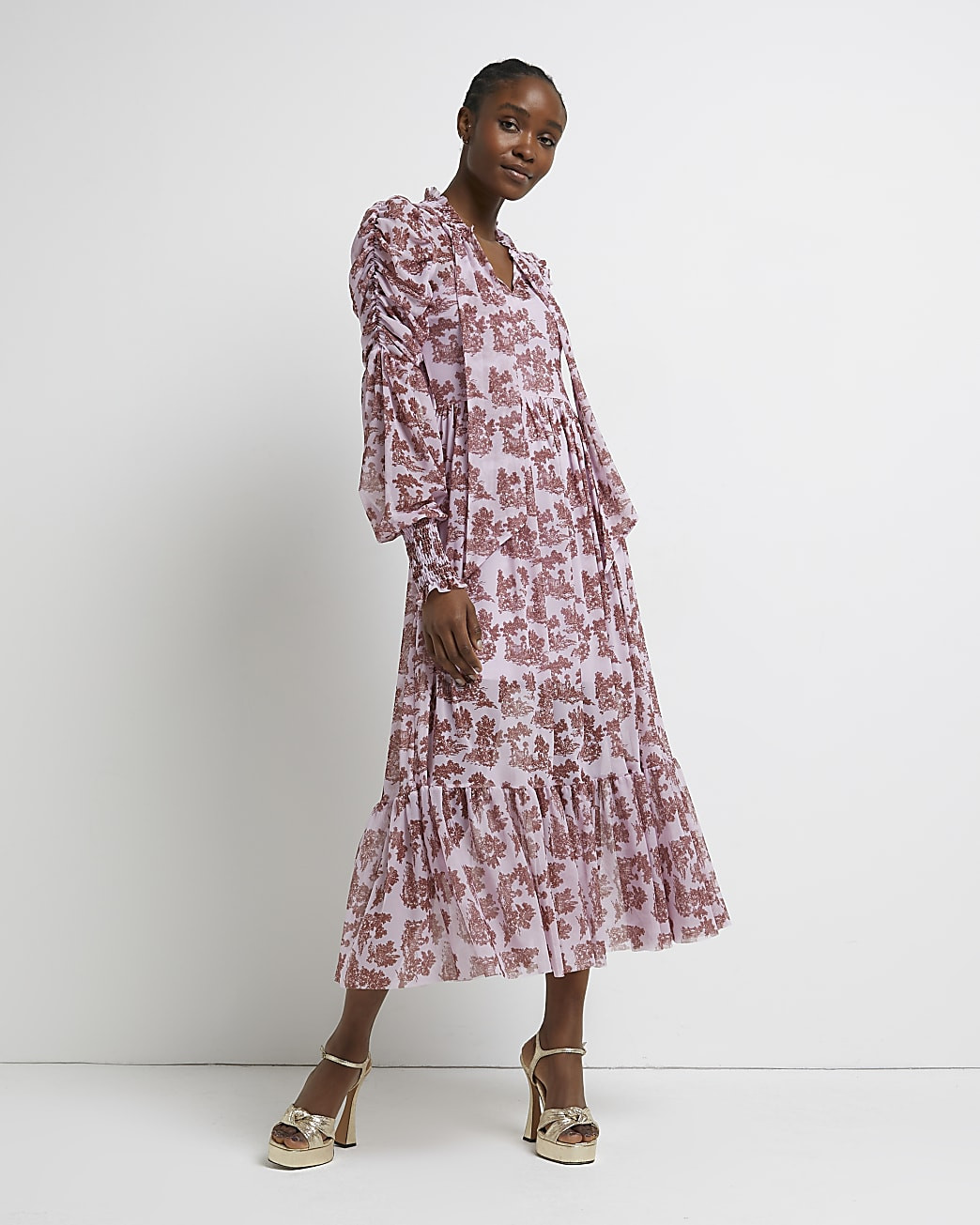 Purple floral frill midi dress | River Island (UK & IE)