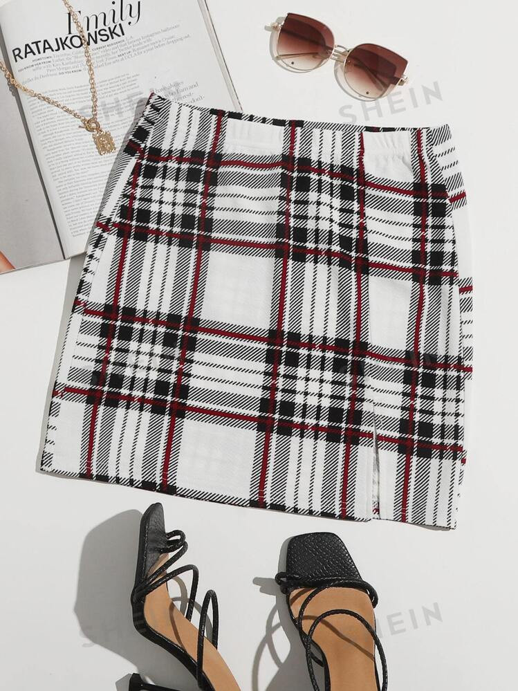 SHEIN Essnce Tartan Slit Hem Skirt | SHEIN USA | SHEIN