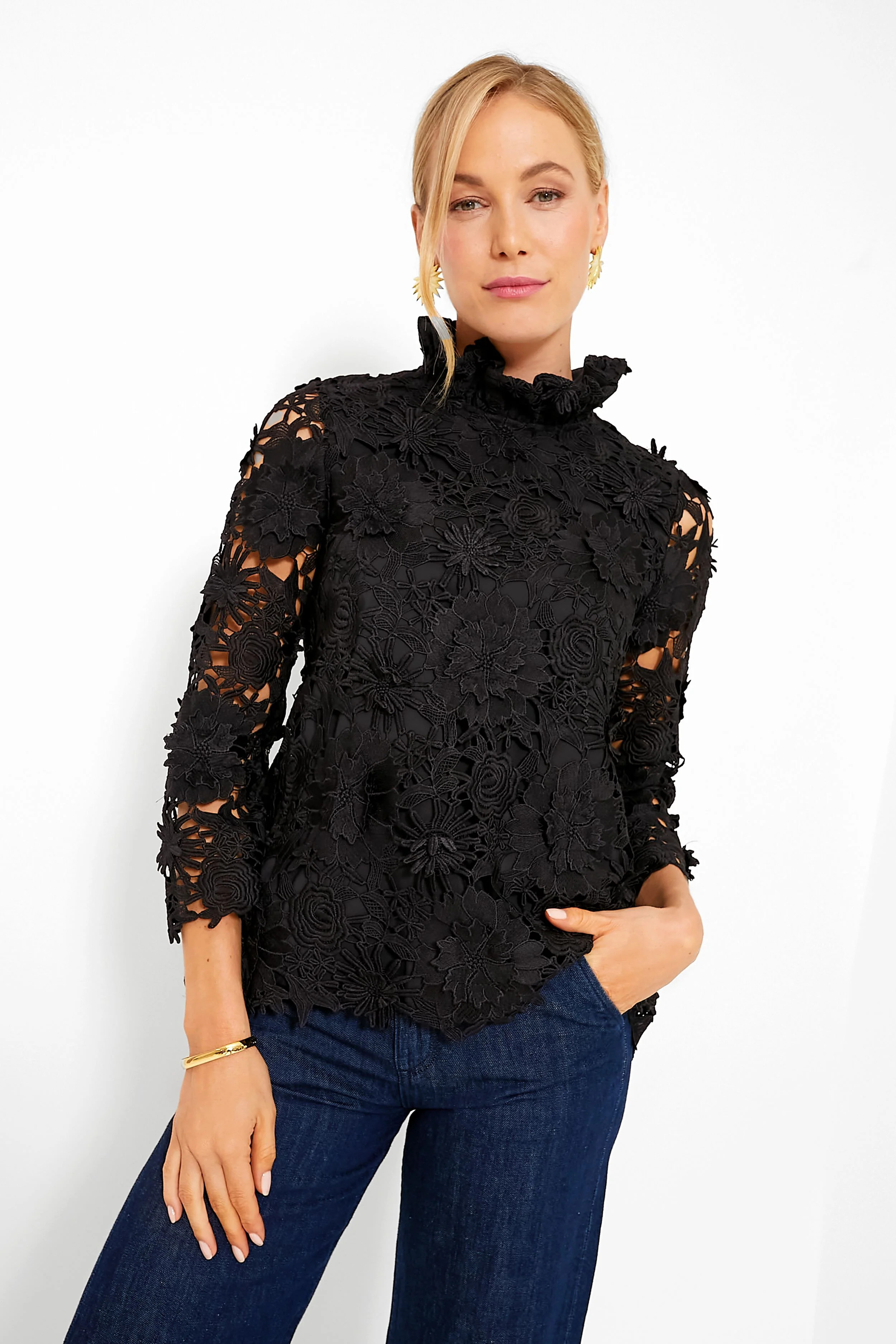 Black Guipure Lace Faye Blouse | Tuckernuck (US)