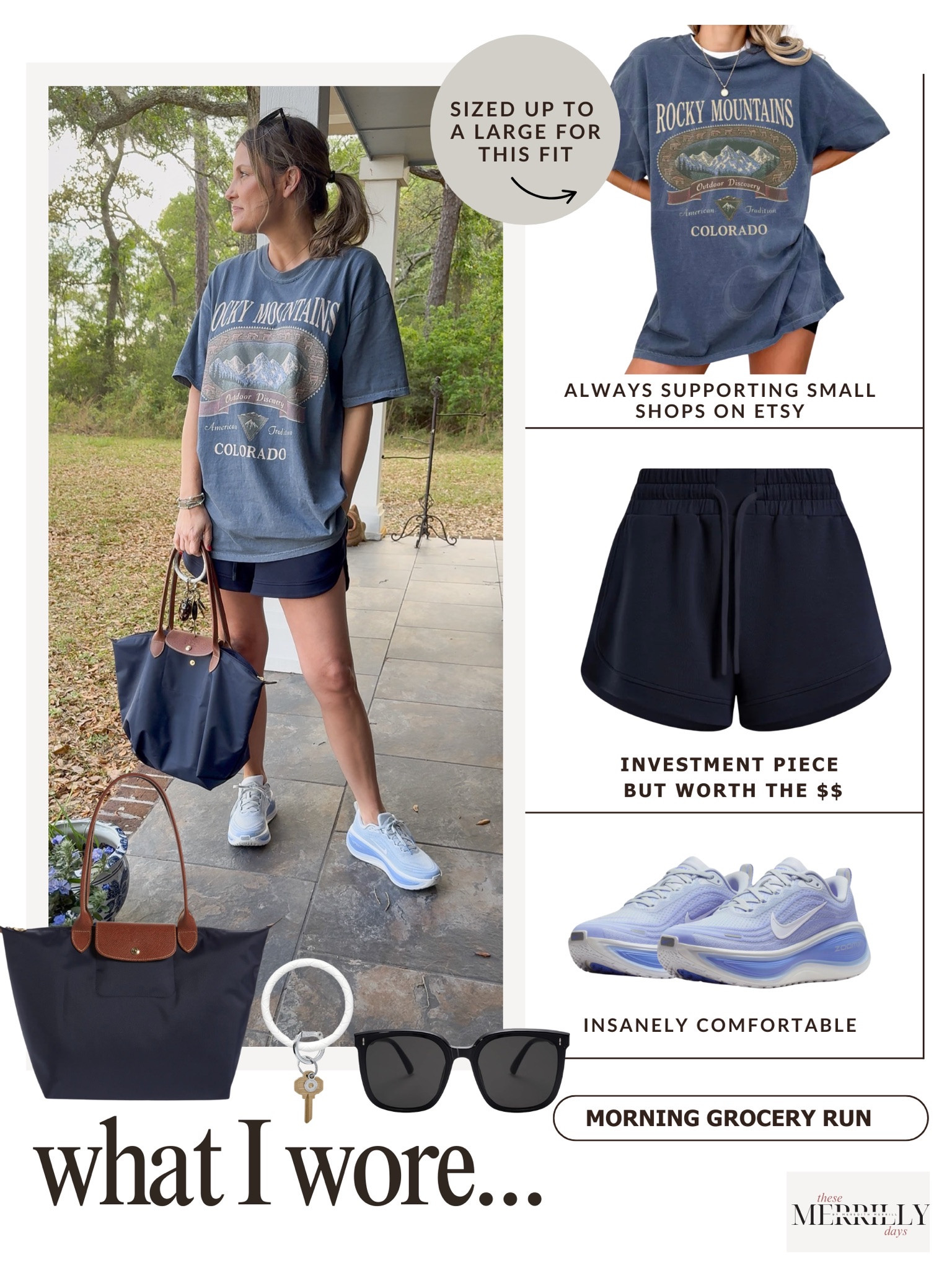 Outfit of the day! Love an oversized tee over some shorts for a comfortable and casual look for a day of errands! Thesemerrillydays women's outfit ideas mom outfit on the go easy mom outfit oversized tee outfit varley shorts women's viral varley shorts Nike walking shoes 

#LTKootd #LTKmomlife #LTKdayinmylife