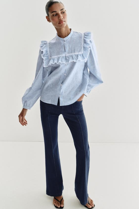 METALLIC THREAD RUFFLED STRIPED SHIRT | Zara US