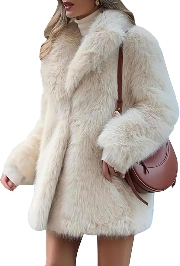 PEHMEA Women's Mid-Length Faux Fur Coats Winter Warm Fuzzy Jackets Lapel Fashion Luxury Fluffy Sh... | Amazon (US)