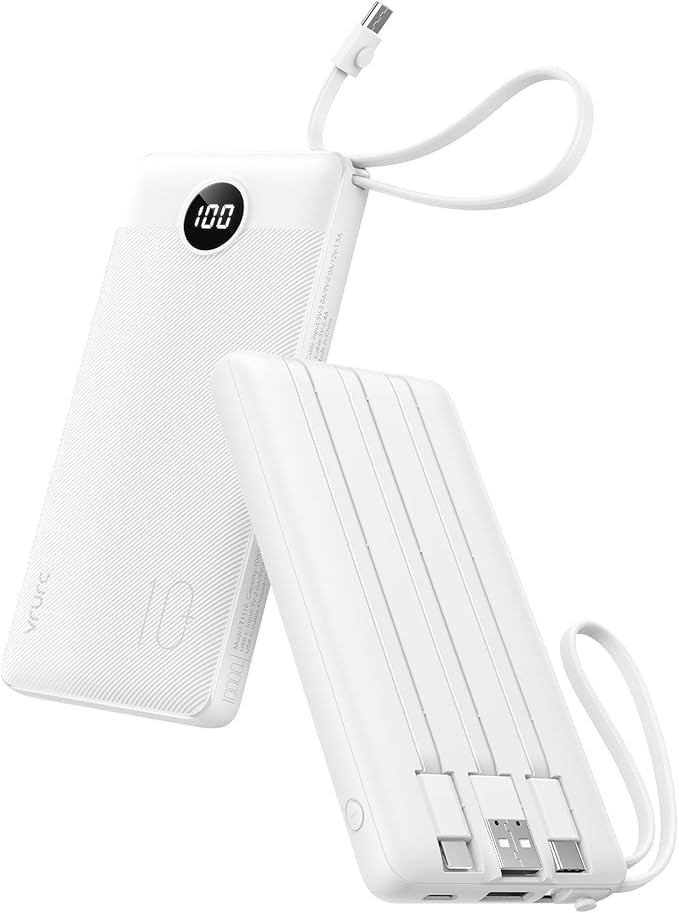 VRURC Portable Charger Built in Cables, Slim Power Bank 10000mAh, Multi Devices Charging Bank wit... | Amazon (US)