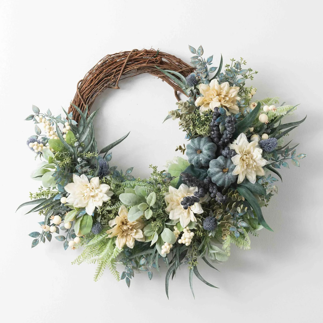 Autumn Sea Breeze - Eucalyptus, Cream Dahlia & Weathered Pumpkin Aquamarine Coastal Front Door Fa... | Darby Creek Trading