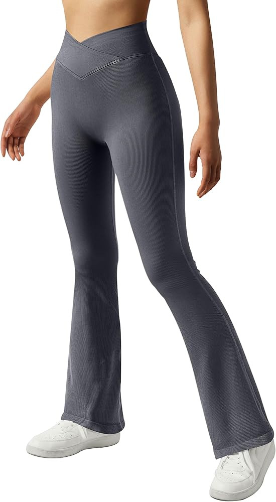 SUUKSESS Women Crossover Ribbed Seamless Flare Leggings High Waist Yoga Pants | Amazon (US)