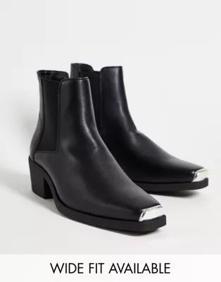 ASOS DESIGN cuban heel western chelsea boots in black faux leather with metal hardware | ASOS (Global)