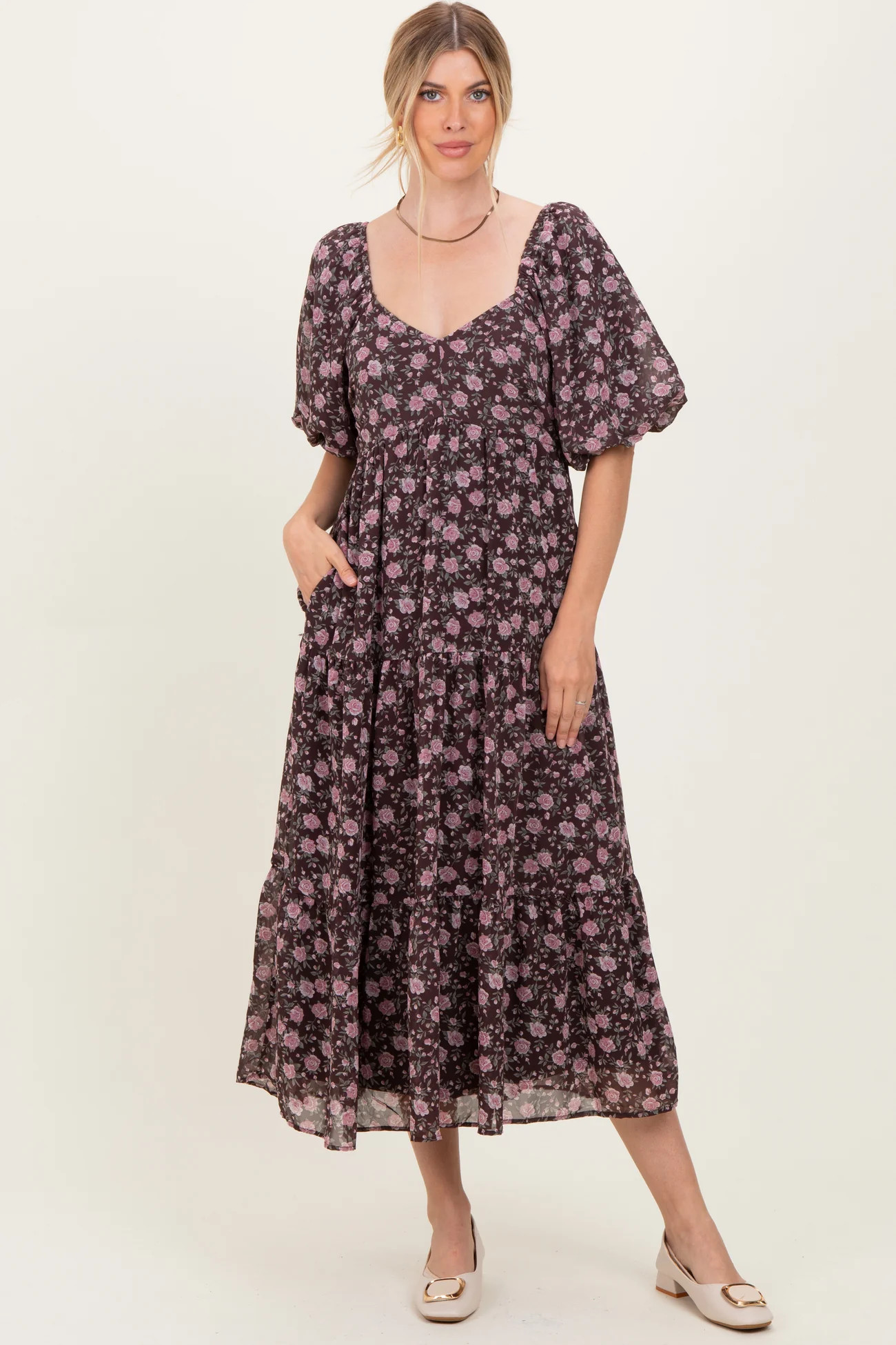 Brown Floral Sweetheart Neckline Puff Sleeve Maxi Dress | PinkBlush Maternity