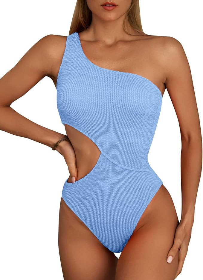 Women's Cutout One Piece Swimsuit One Shoulder Swimwear Ribbed Monokini Bathing Suits | Amazon (US)