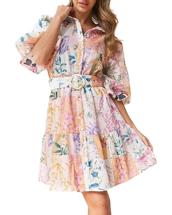 futurino Women Single Breasted A-line Dress, Floral Printed Boho Style Lantern Short Sleeve with ... | Amazon (US)