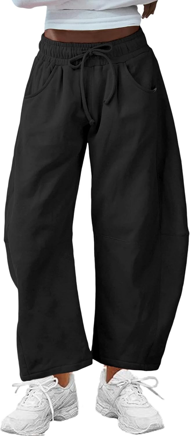 Hongsui Women's Barrel Leg Pants Elasticated Waistband Soft Wide Leg Pants with Pockets Casual Sweatpants | Amazon (US)