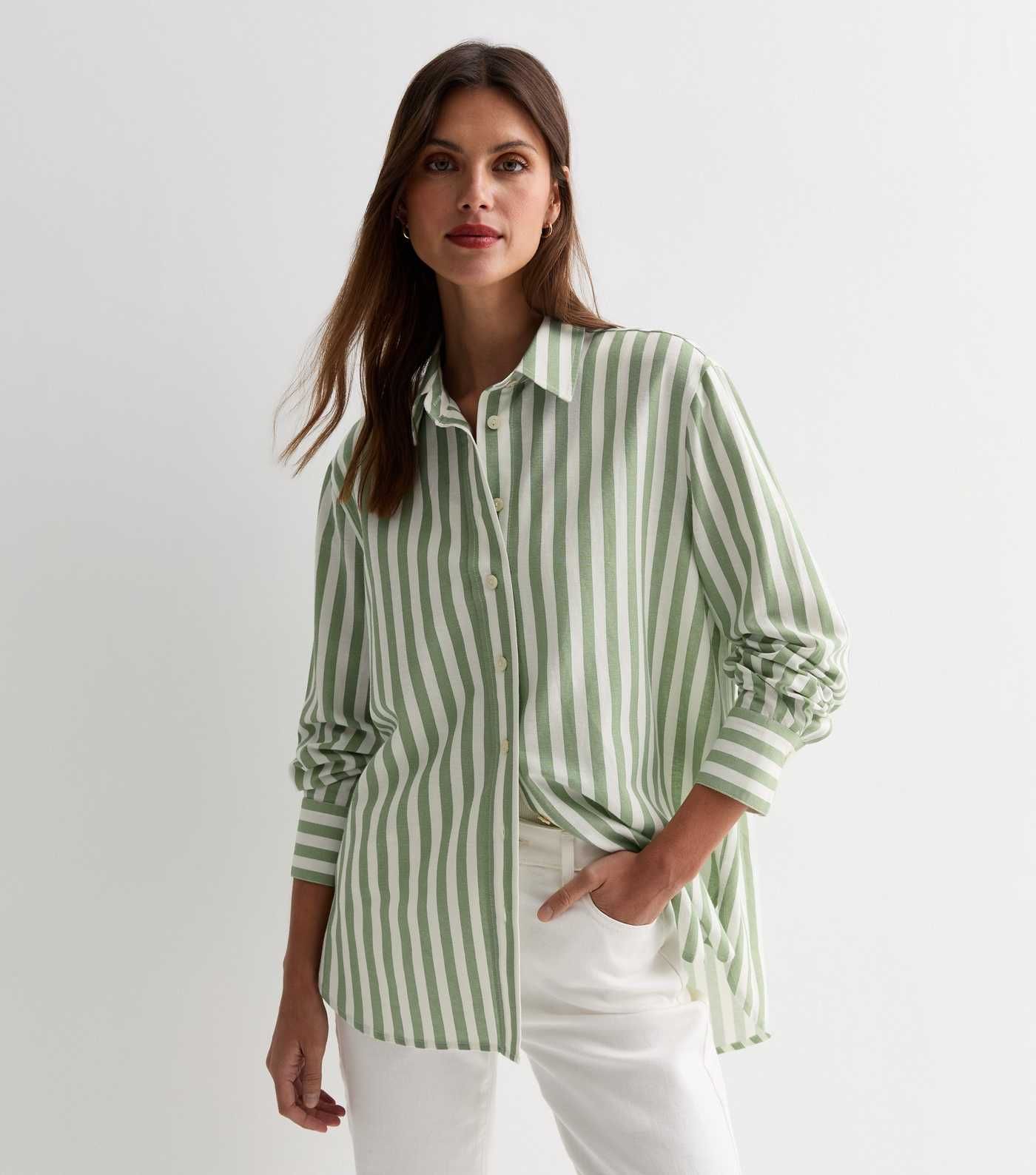 Green Stripe Linen-Look Long Sleeve Shirt | New Look | New Look (UK)