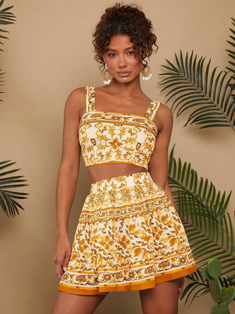 Travachic 2pcs Vacation Woven Printed Crop Top & Printed Mini Skirt 2-Piece Set | SHEIN