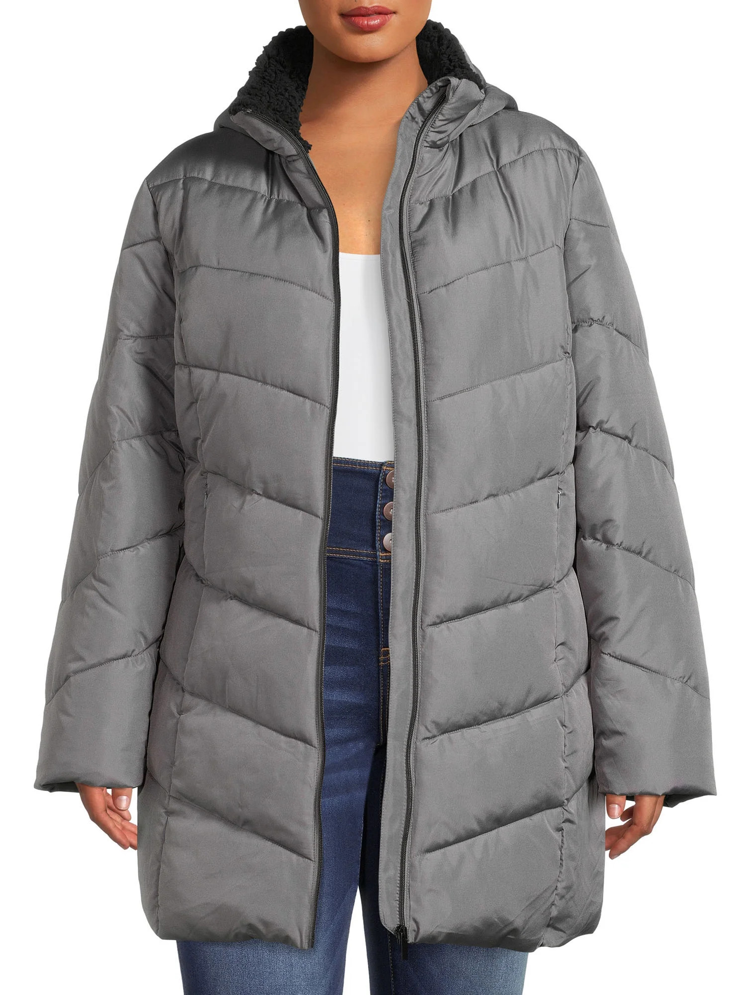 Big Chill Women's Chevron Quilted Puffer Jacket with Hood, Sizes 1X-3X | Walmart (US)