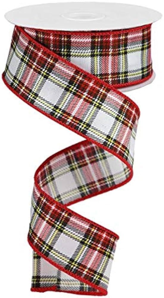 Printed Plaid Look on Satin Wired Edge Ribbon, 10 Yards - (Black, Green, Red, Yellow, White, 1.5 ... | Amazon (US)