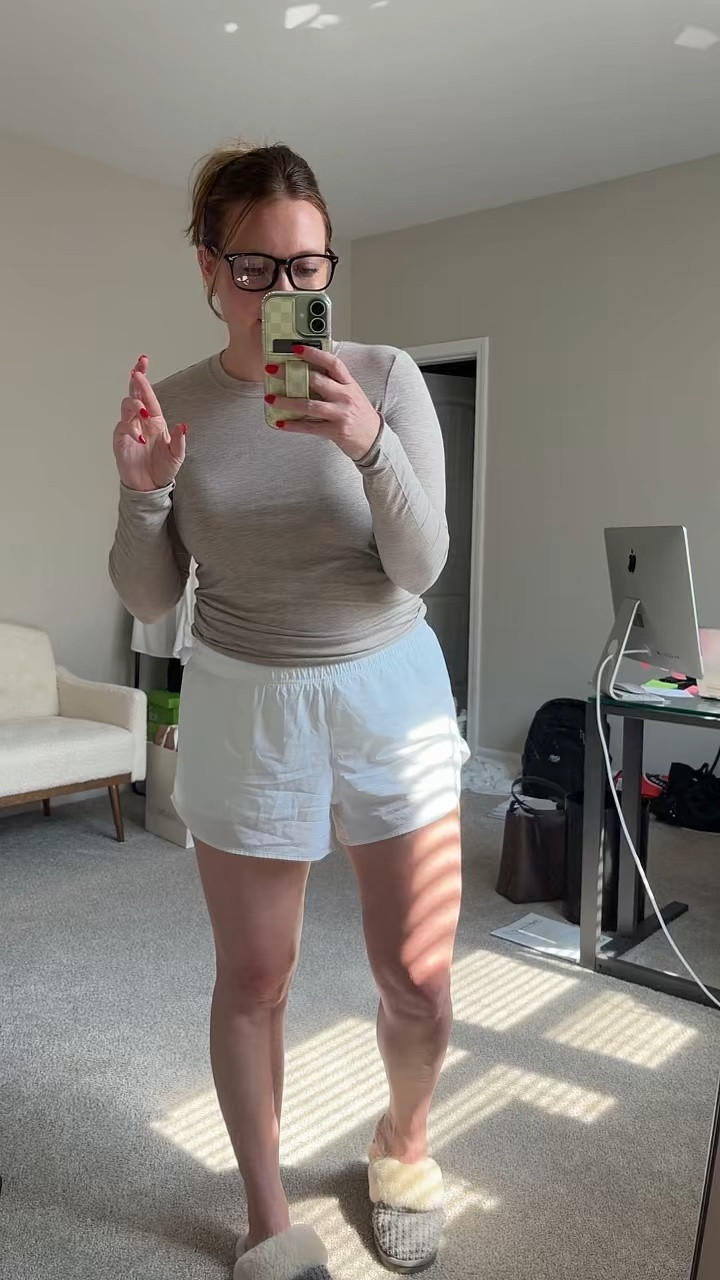 Long sleeve shirt / perfect for layering / tts / wearing a medium 
White athletic shorts / I sized up one to a large / fully lined with spandex shorts 
Ugg slippers / tts 
Blue light glasses 
Hair claw clip

#LTKootd #LTKdayinmylife #LTKSaleAlert