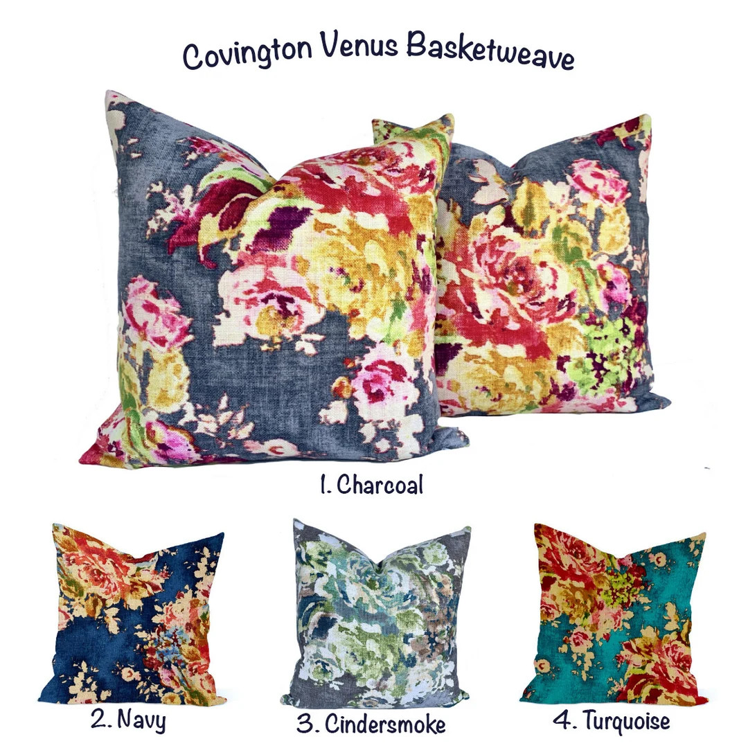 One Covington Pillow, Grey Peach Pink Rose Floral Pillow Cover, Navy Pillow, Turquoise Pillow, De... | Etsy (US)