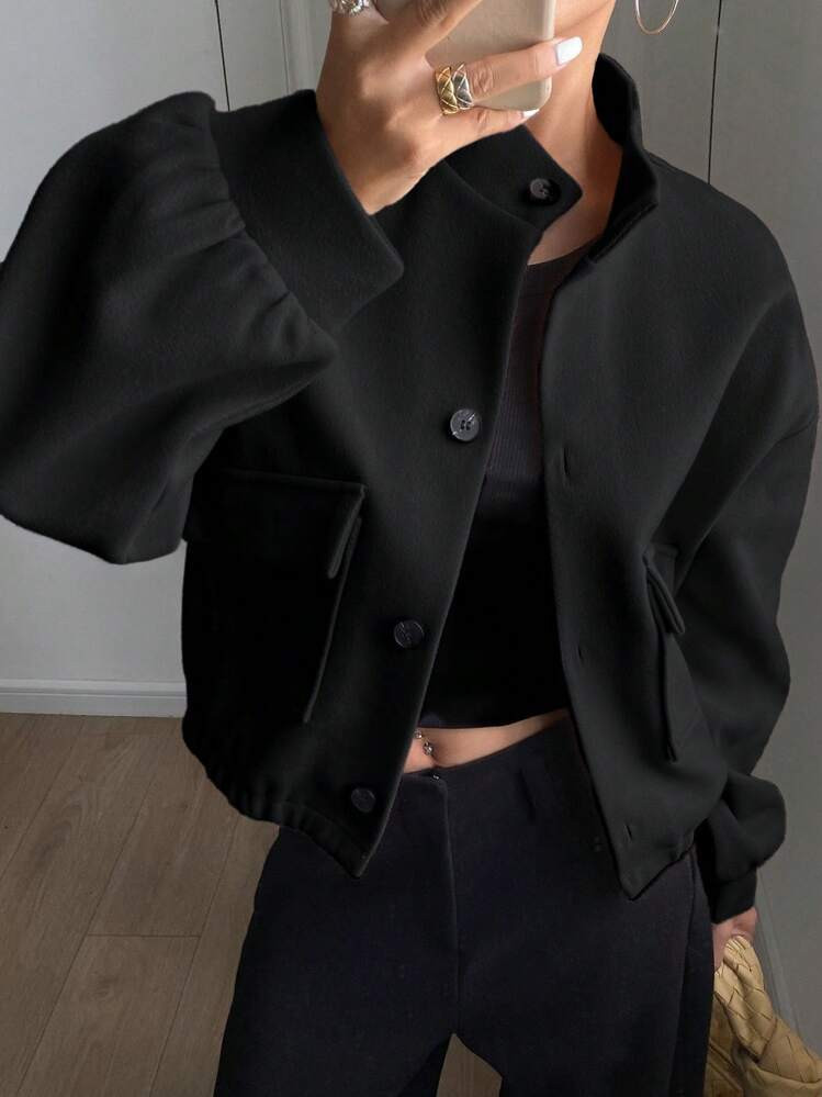 DAZY Plain Collar Pocket Short Women Jacket | SHEIN
