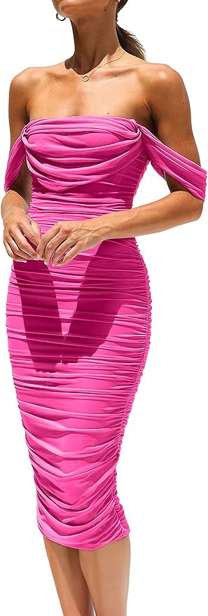 PRETTYGARDEN Women's Summer Off The Shoulder Ruched Bodycon Dresses Sleeveless Sexy Party Club Mi... | Amazon (US)