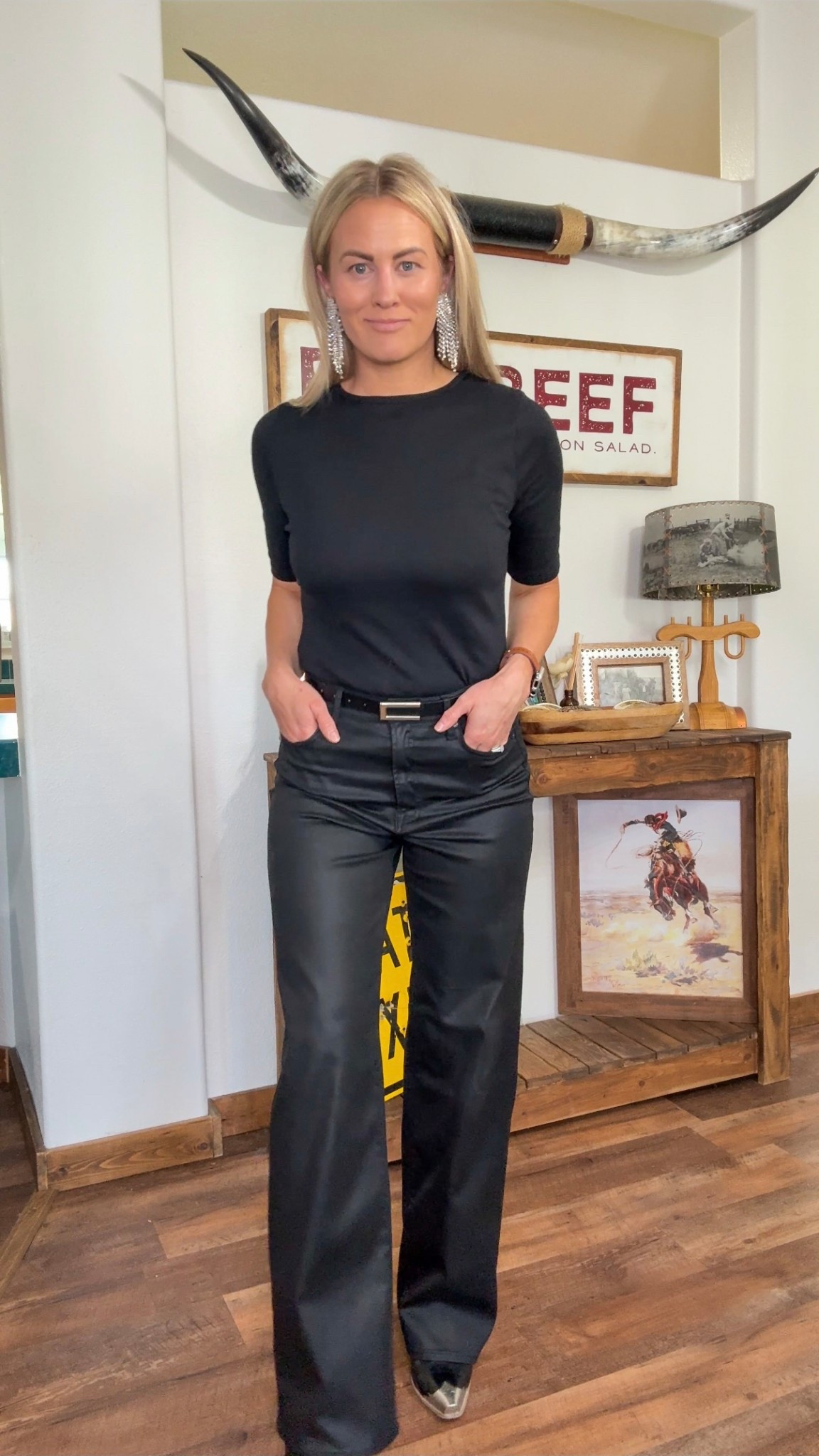 The “little black outfit” I think every woman needs! Just add a statement earring that fits your style, and you’re ready to head out! 

I am wearing my true size in the shirt, and I sized down to a 27 in the jeans! 