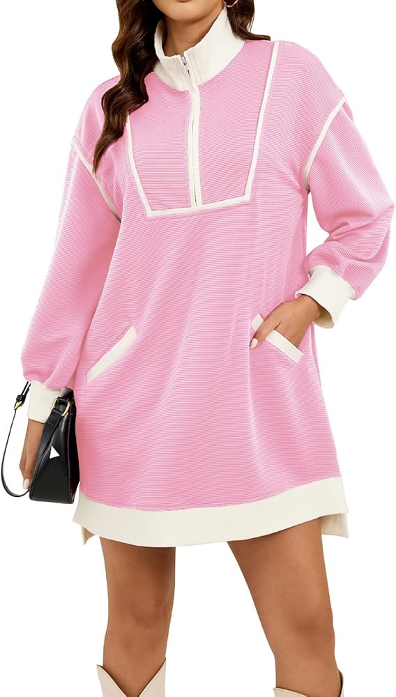 Womens Long Sleeve Sweatshirt Dress Oversized Half Zip Fall Loose Fit Casual Dress with Pockets | Amazon (US)