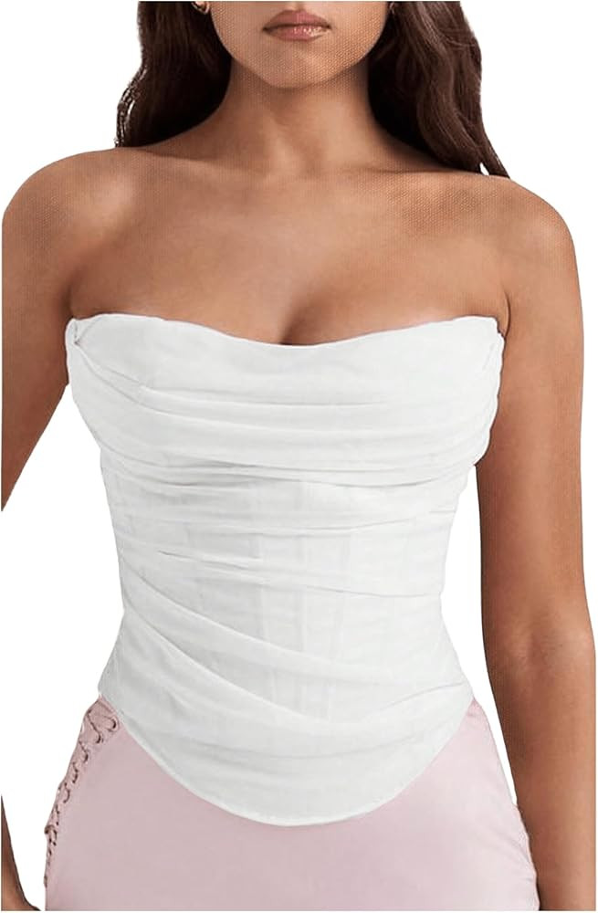 Floerns Women's Strapless Ruched Tube Tops Sleeveless Bandeau Concert Corset Top | Amazon (US)