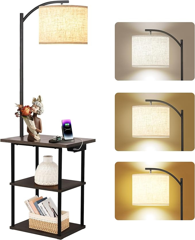 PESRAE Floor Lamp with Table, End Tables with Charging Station(USB & Type-C & AC Port), 3 Color T... | Amazon (US)
