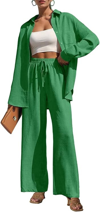 Lepunuo 2 Piece Outfits for Women Casual Lounge Sets Long Sleeve Button Down Shirts and Wide Leg ... | Amazon (US)