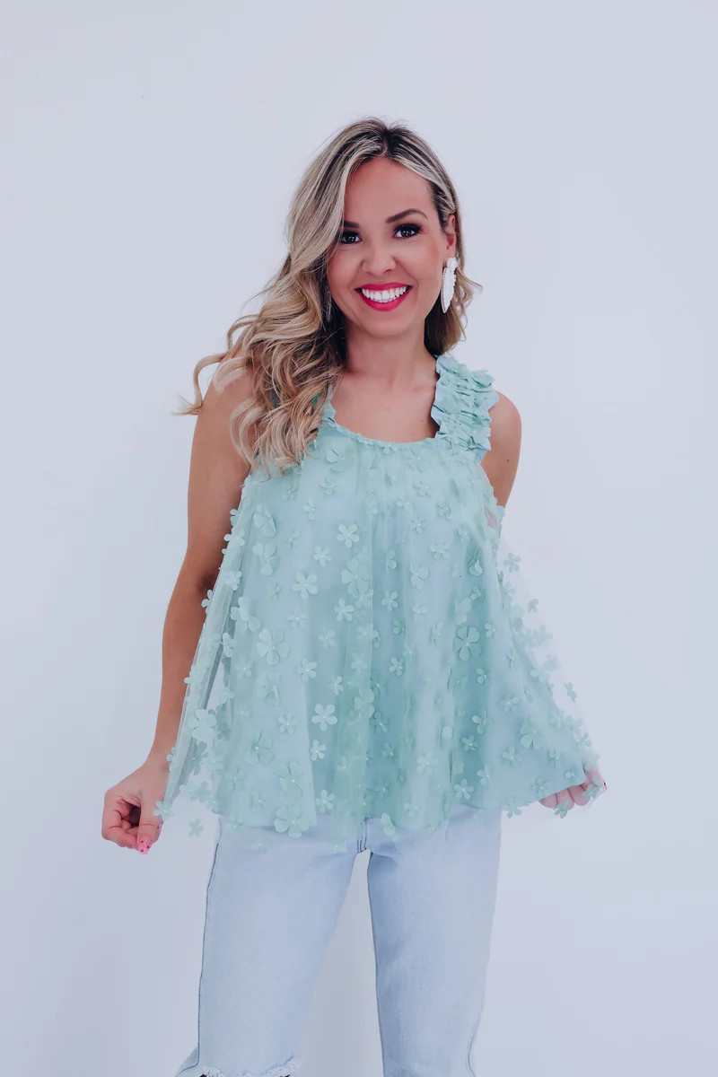 Flowy Tulle Floral Tank Top - Mint | Whiskey Darling Boutique