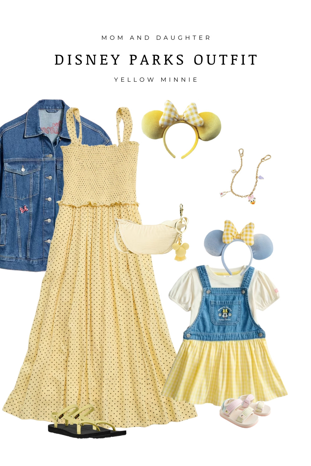 Mom and daughter matching Disney parks outfit featuring a yellow Minnie inspired look. A yellow polka dot dress layered with a denim jacket, Minnie ears, and comfortable park sandals paired with a toddler denim overall dress and gingham Minnie ears. Perfect for Disneyland or Disney World park days, character photos, and family Disney outfit inspiration.

#LTKTravel #LTKKids #LTKootd