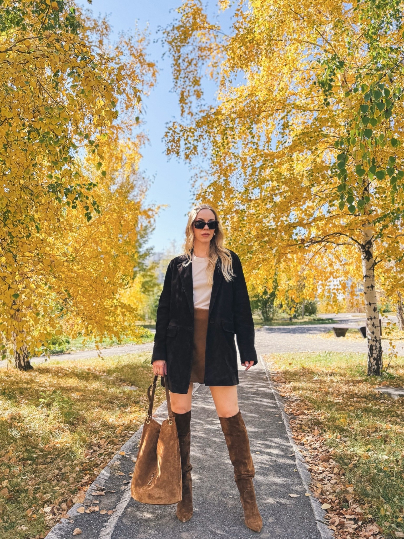 Fall outfit, dark brown suede blazer, suede mini skirt, tall suede boots

#LTKSeasonal #LTKOver40