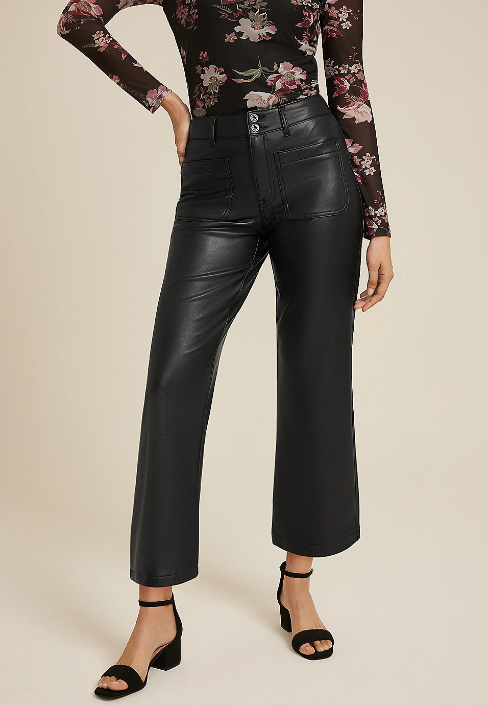 edgely™ Faux Leather High Rise Patch Pocket Wide Leg Pant | Maurices
