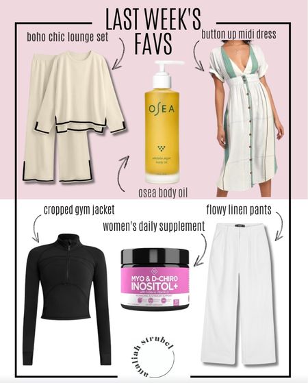 A moment for last week's favorite items 😍 The lounge set is such great quality and is so cute! The linen pants are so flattering 👏 I love that the gym jacket can be paired with any workout bottom, and the button up dress is perfect for so many occasions. Osea body oil & the daily supplements are two amazing products to incorporate into your everyday self care regimen. 

#LTKeurope #LTKstyletip