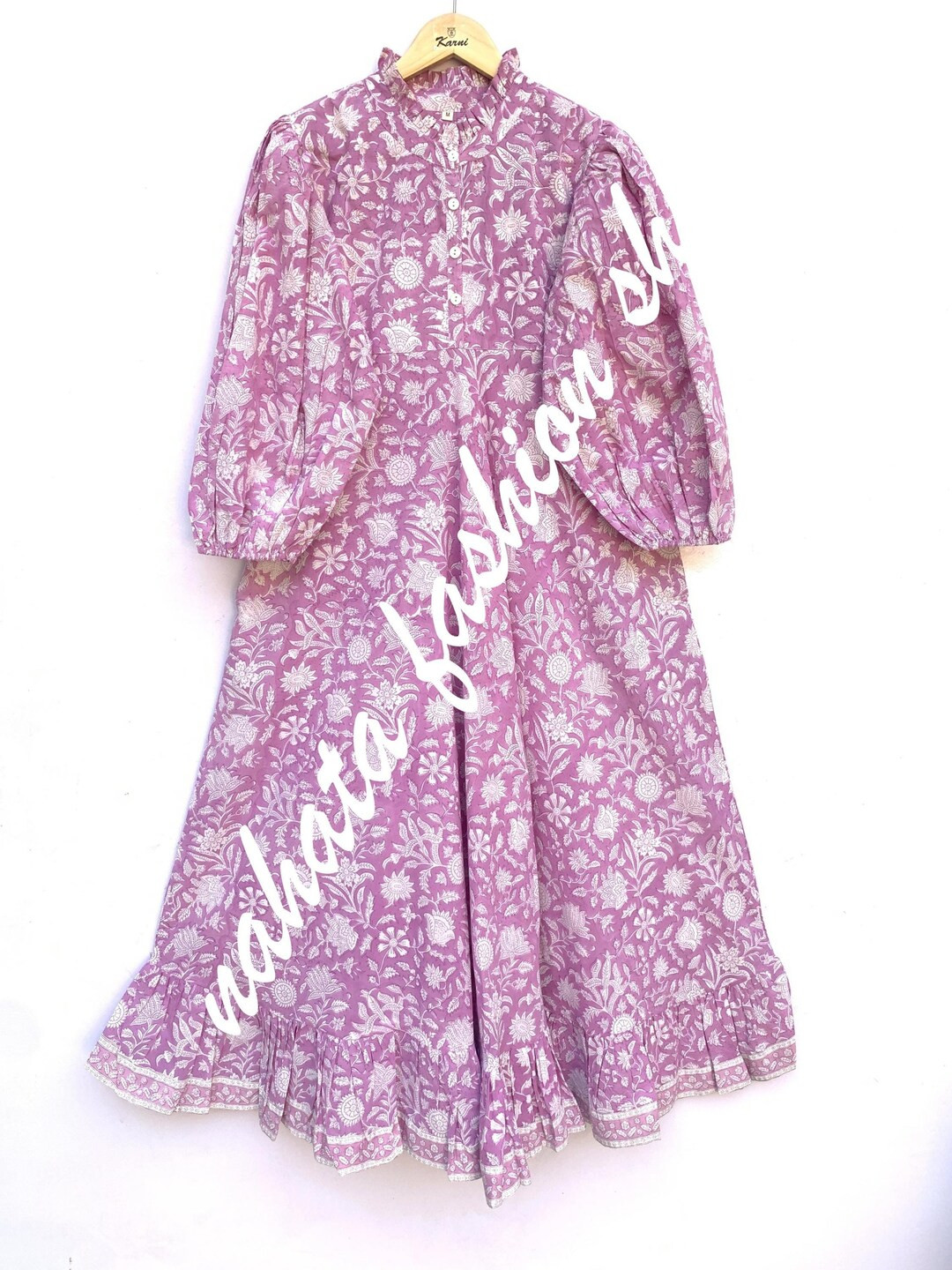 Indian Pink Floral Jungle Block Printed Women's Maxi Dress - Frill Collar With Belt Long Maxi Dre... | Etsy (Global)