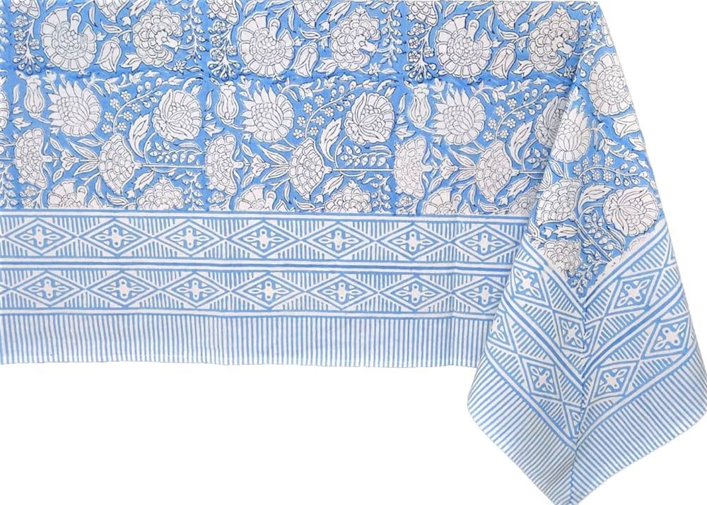 ATOSII Azora Blue 100% Cotton Rectangle Summer Tablecloth, Block Print Floral Table Cloth for Din... | Amazon (US)