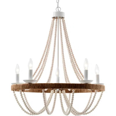 Boho Wood Beaded Chandelier With 5 Lights, Rustic Pendant Light For Living Room, Dining Room, Kitchen, Foyer, UL Listed, Dimmable | Wayfair North America