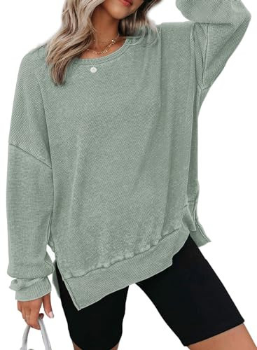 Dokotoo Womens Waffle Knit Oversized Sweatshirt for Women Plus Size Early Fall Fashion 2025 Long Sleeve Tops Shirts Cute Crewneck Sweatshirts Soft Casual Pullover Tunic Trendy Clothes Green Medium | Amazon (US)
