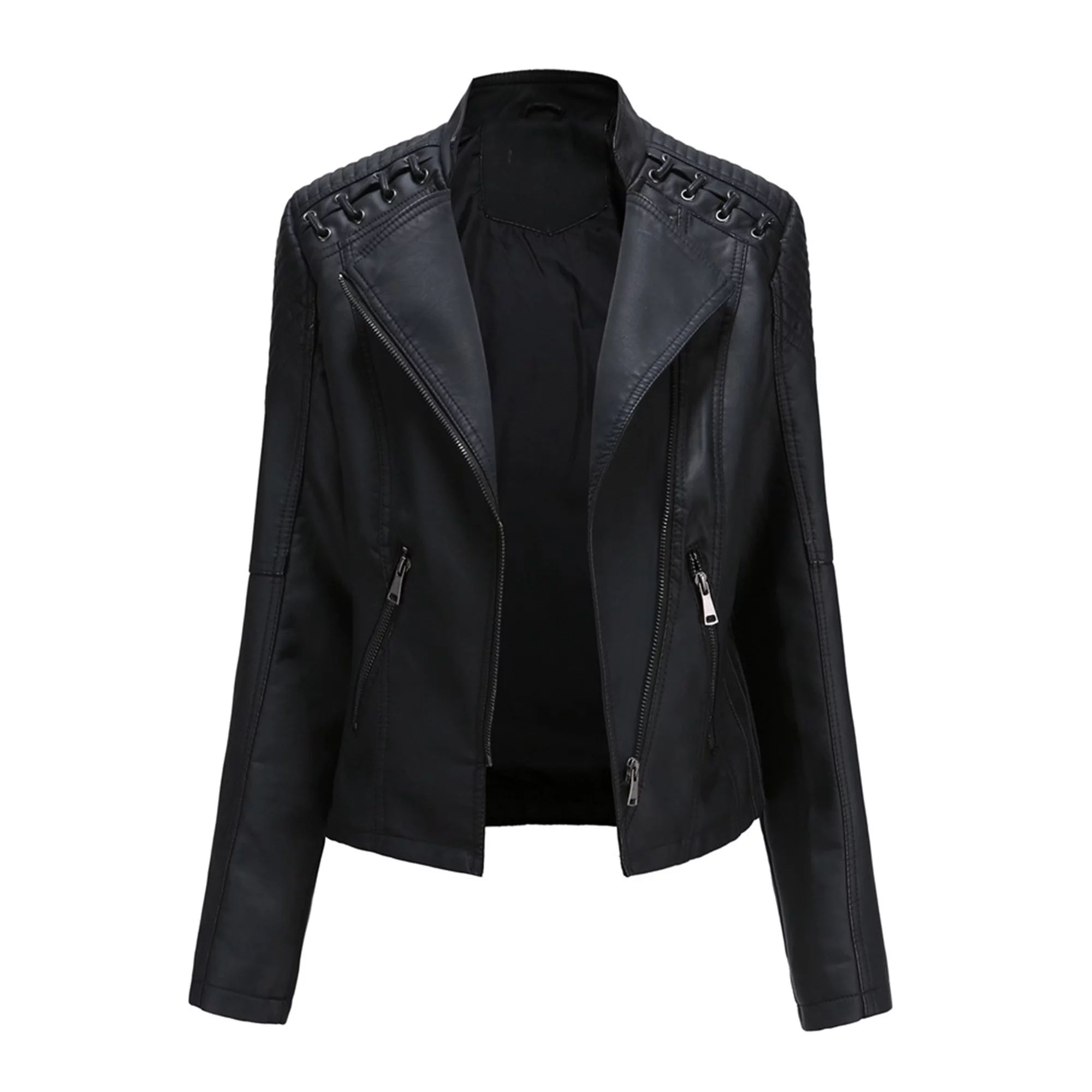 AMILIEe Women Faux Leather Jacket Long Sleeve Lapel Zip Up Moto Biker Short Coat with Pockets S-3... | Walmart (US)