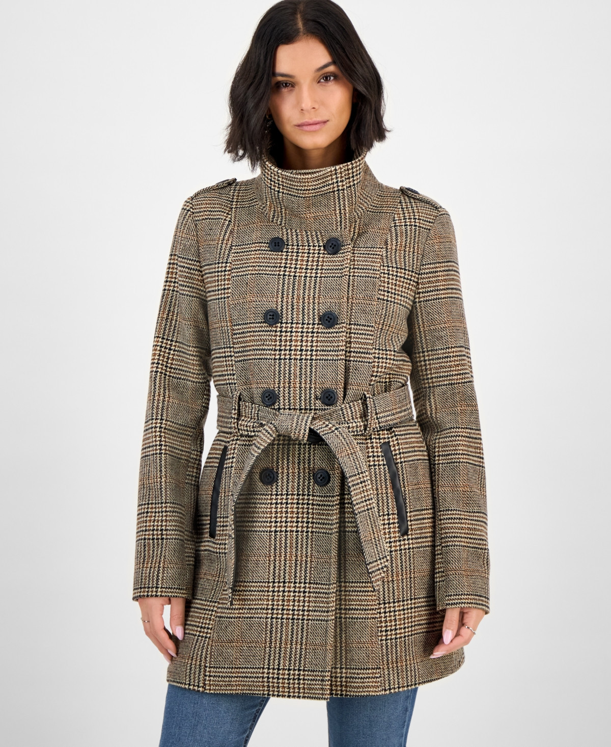 Bcx Juniors' Plaid Funnel-Neck Trench Coat - Brown/Black | Macy's