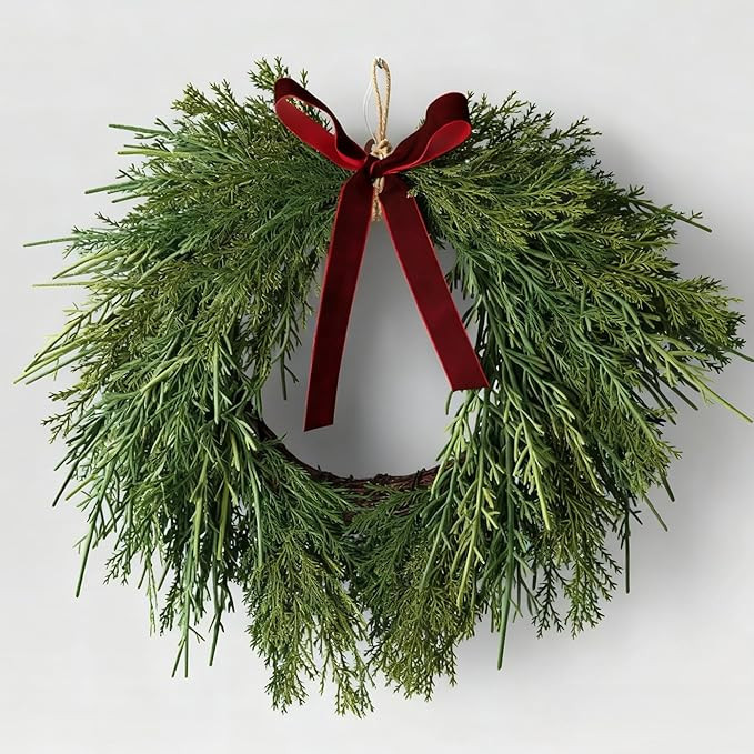 13.8" Christmas Artificial Cedar Wreath with Burgundy Velvet Bow Green Christmas Draping Oval Ced... | Amazon (US)