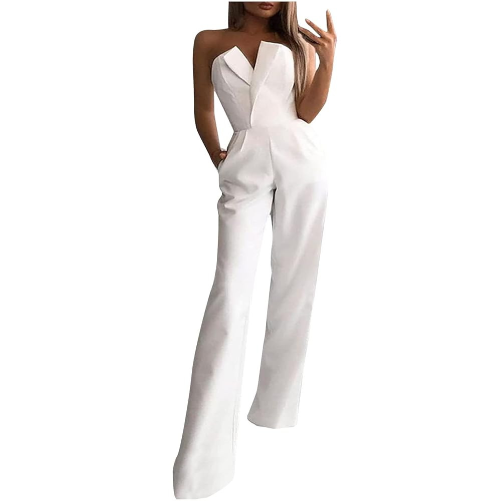 HGps8w Women's Elegant Rompers Sexy V Neck Strapless High Waist Wide Leg Long Pants Jumpsuits Sum... | Amazon (US)