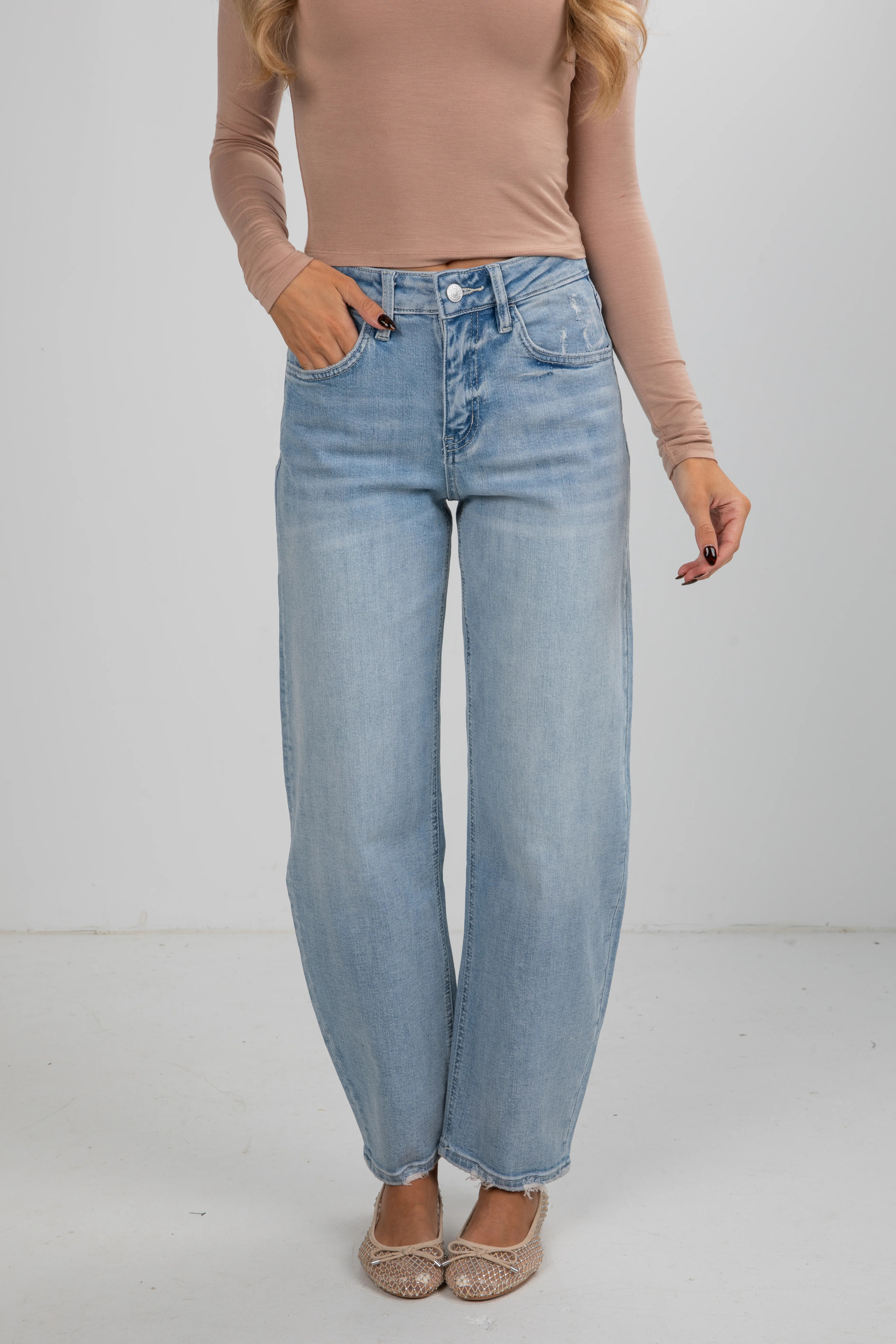 Trendy Light Wash High-Rise Barrel Jeans | Vervet Denim | DressUp | Dress Up