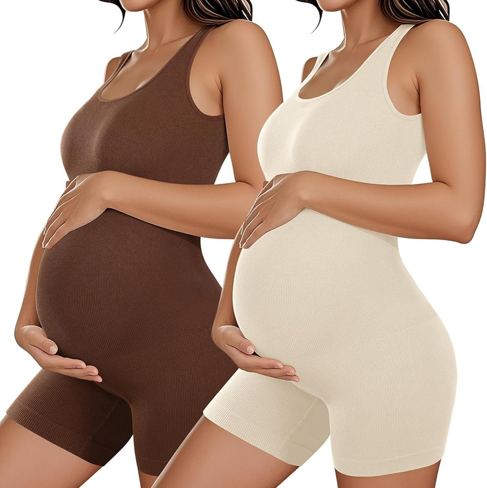 Coume 2 Pcs Women Maternity Bodysuit Pregnancy Shapewear Sleeveless Tank Top Shorts Jumpsuit Ribb... | Amazon (US)