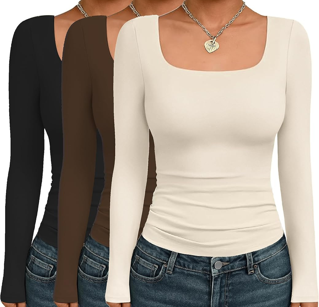 Ekouaer Womens 3 Pack Long Sleeve Shirts Square Neck Basic Tops Fitted Tee Thermal Undershirts XS... | Amazon (US)